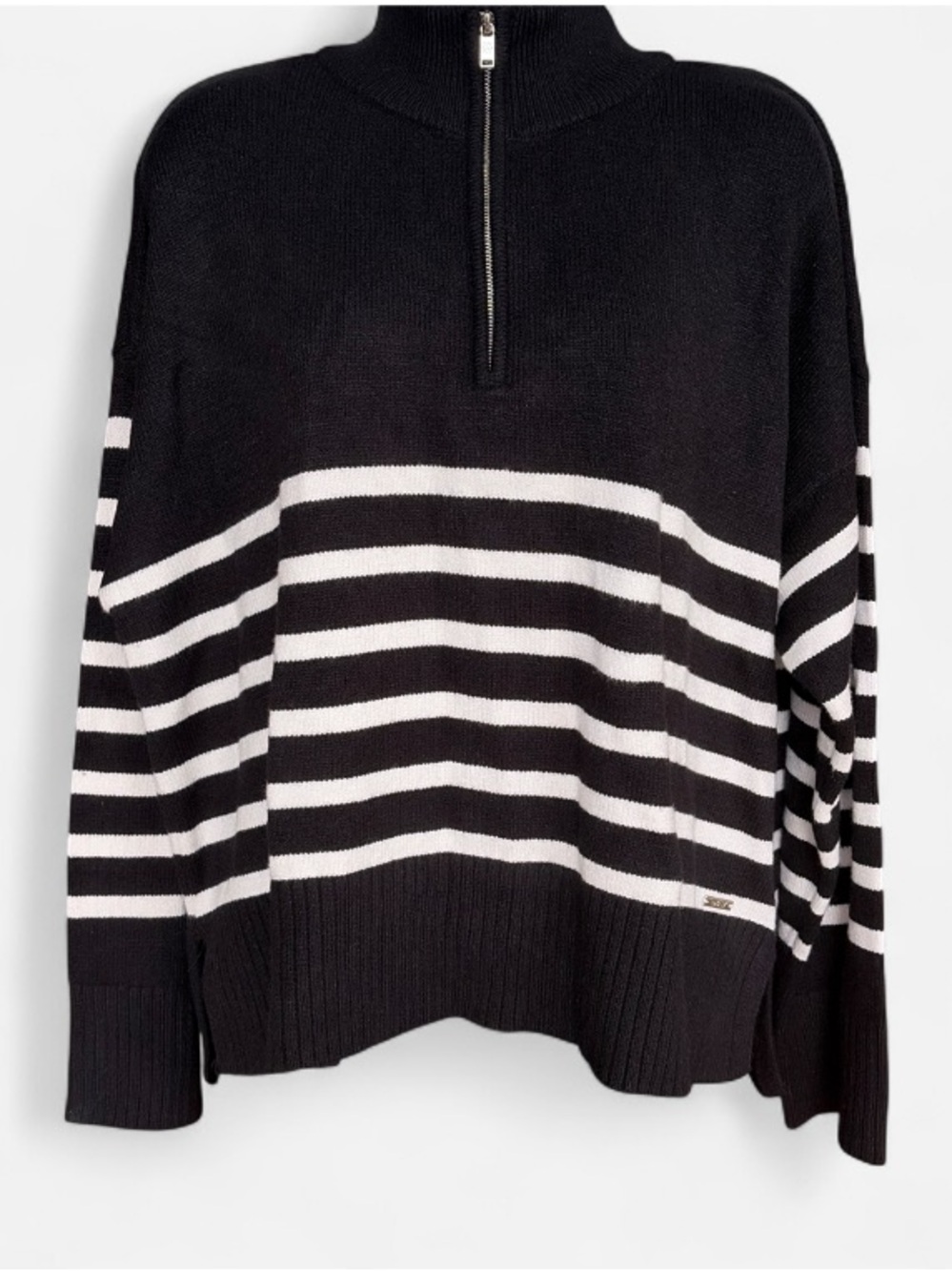 DKNY Black and White Striped Half-Zip Sweater